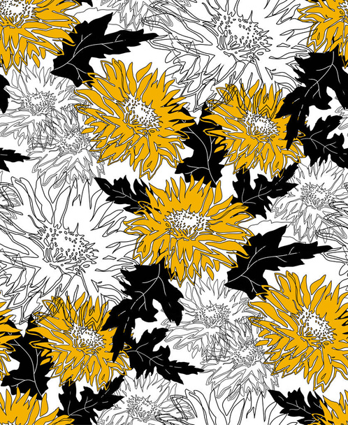 Full Bloom Yellow Chrysanthemum. Outline freehand vector seamless pattern. - Vektör, Görsel