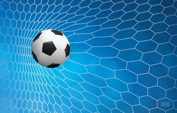 Bola de fútbol en el gol. Pelota de fútbol y red blanca con fondo azul. Ilustración vectorial. - Vector, Imagen