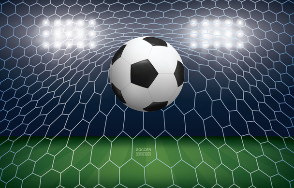 Soccer ball in goal. Football ball and white net in soccer field stadium background. Vector illustration. - Vector, Image