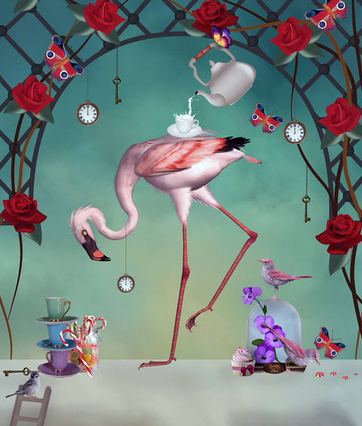 Wonderland party with a pink flamingo - Photo, Image