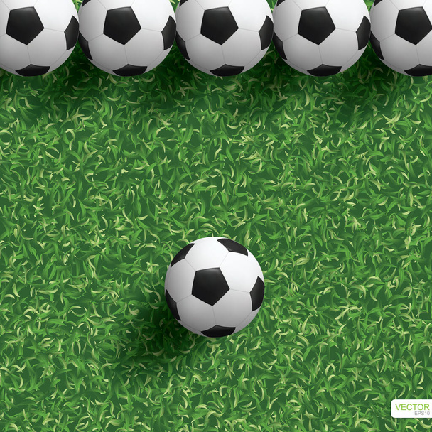 Ποδόσφαιρο μπάλα ποδοσφαίρου στο πράσινο γρασίδι του γηπέδου ποδοσφαίρου φόντο. Εικονογράφηση διανύσματος. - Διάνυσμα, εικόνα