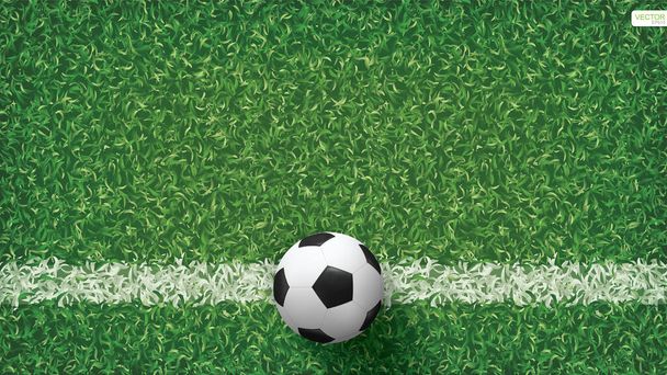 Fotbalový míč na zelené trávě fotbalového hřiště pozadí. Vektorová ilustrace. - Vektor, obrázek
