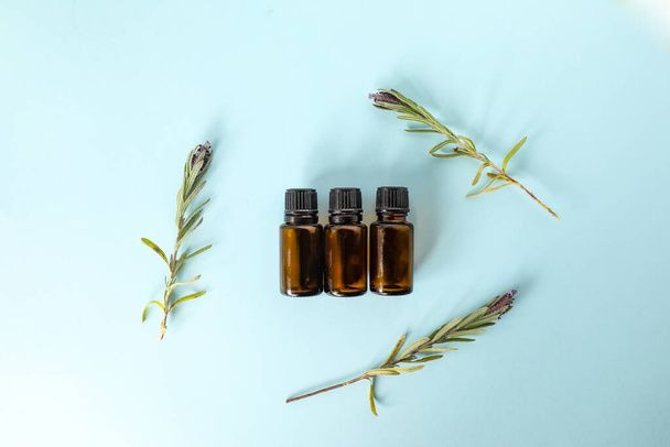 Three rosemary essential oil bottles and plant branches on a light blue background - Φωτογραφία, εικόνα