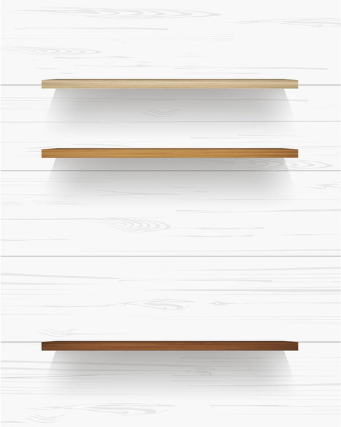 Wooden shelf on white wooden wall background with soft shadow. Vector illustration. - Vector, Image