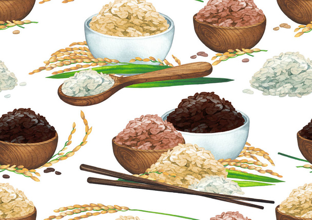 Patrón de composiciones sin costura de acuarela con tres tipos de granos de arroz y plantas - Foto, imagen