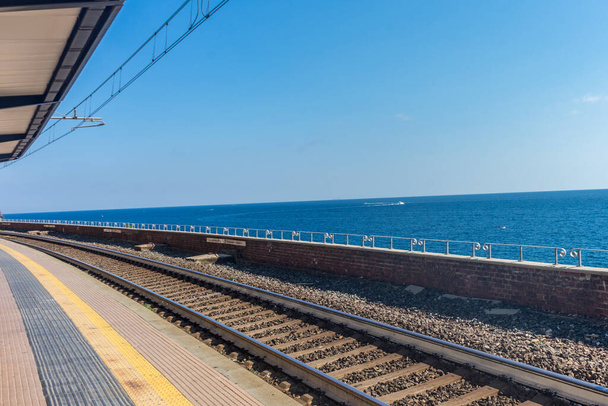 Avrupa, İtalya, Cinque Terre, Manarola, çelik raylarda bir tren - Fotoğraf, Görsel