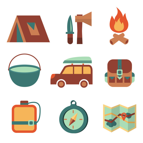 buitenshuis instellen toerisme camping plat pictogrammen - Vector, afbeelding