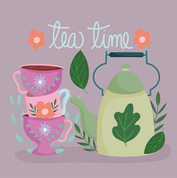 herbata czas, stos filiżanek z kwiatami i czajnikiem, kuchnia ceramiczne drinkware, kwiatowy design kreskówki - Wektor, obraz