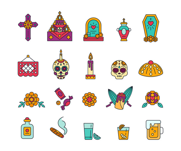 Conjunto de iconos sólidos de colores para la celebración del Día de Muertos. Día de los Muertos - Símbolos tradicionales mexicanos - Vector, Imagen
