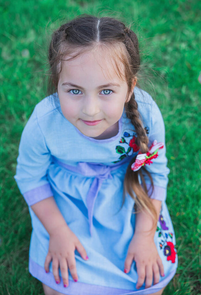 beautiful child in blue dress sits on the grass - Zdjęcie, obraz