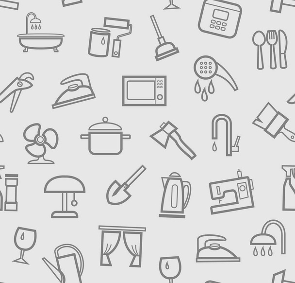 Household goods and appliances, seamless pattern, color, light. Gray icons on a light field. Thin outline. Vector.  - Vetor, Imagem
