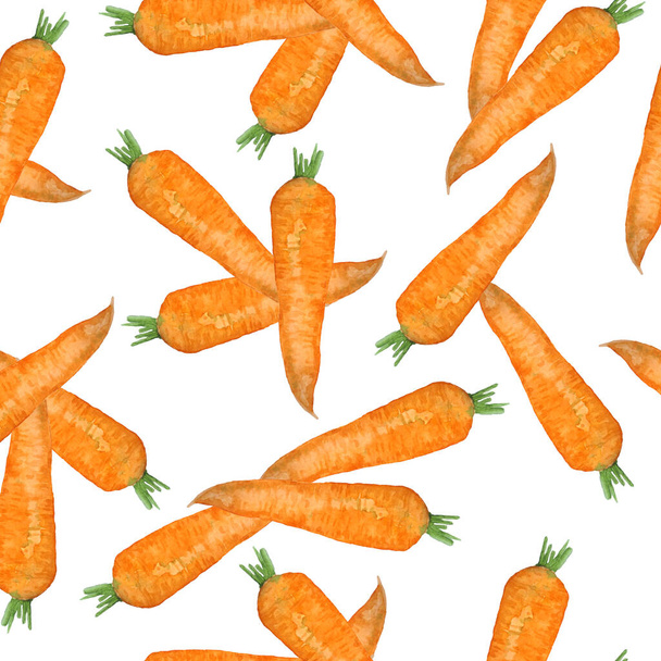 Aquarel naadloos met de hand getekend patroon met sinaasappel rijpe wortelen, biologisch gezond natuurlijk voedsel, vitaminen vegetarisch veganistisch. Koken ontwerp illustratie, textiel inpakpapier behang. Heldere oogst. - Foto, afbeelding