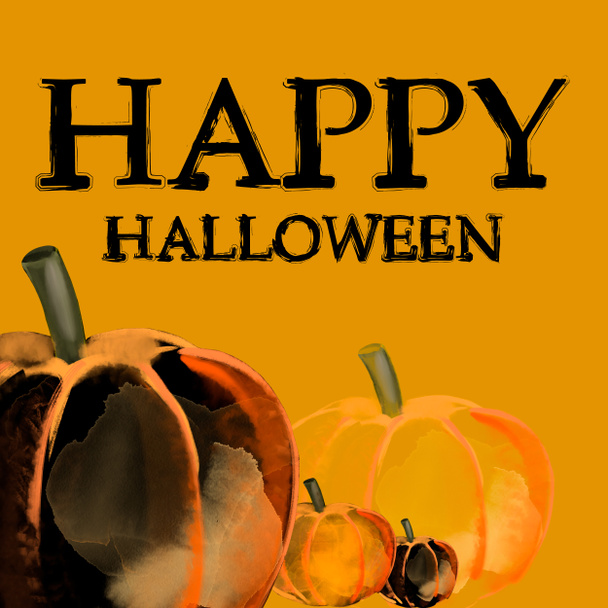 Watercolor illustration pumpkins on orange with text Happy Hallowen - Photo, Image
