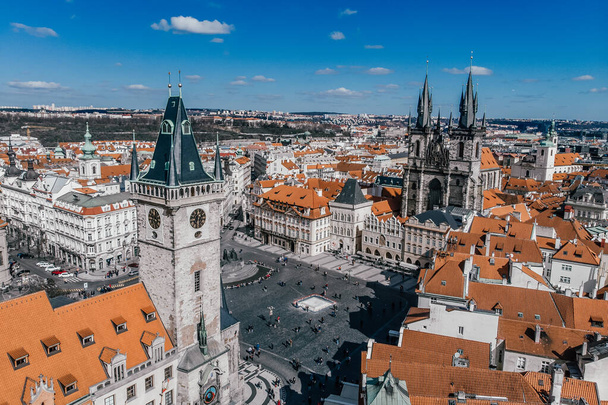 Old Town square with Tyn Church. View of Prague. Detail of the Prague in the Old Town. Czech Republic . Aerial shot - Foto, Imagem