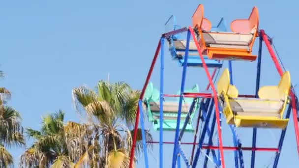 Classic vivid summertime, fun and childhood symbol, green tropical palm tree leaves. Iconic colorful retro ferris wheel attraction. Newport, california pacific ocean beach resort near Los Angeles USA - Footage, Video