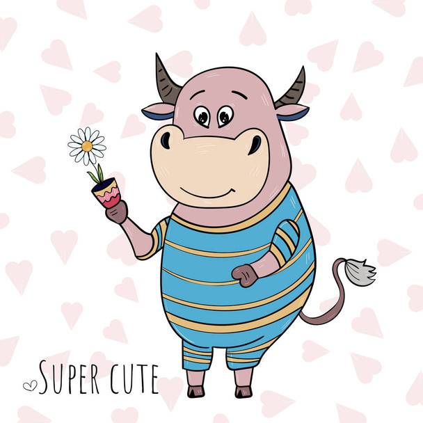 Super Cute Cow or Bull, Chamomile flower in a pot, Chinese New Year Symbol 2021, Vector illustration for children. - Vector, Image