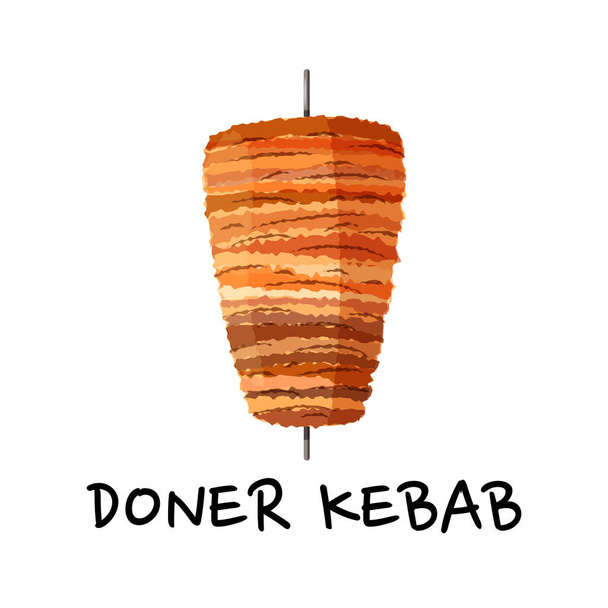 Doner kebab op verticaal spuug. Arabisch en Turks vlees straatvoedsel. Gefrituurde kip als cafe. - Vector, afbeelding