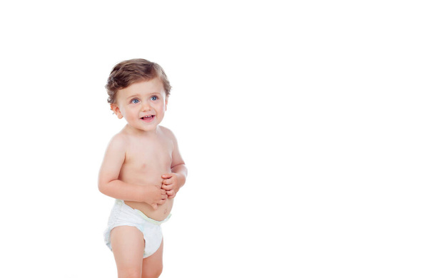 白い背景に青い目をした愛らしい赤ちゃん - 写真・画像