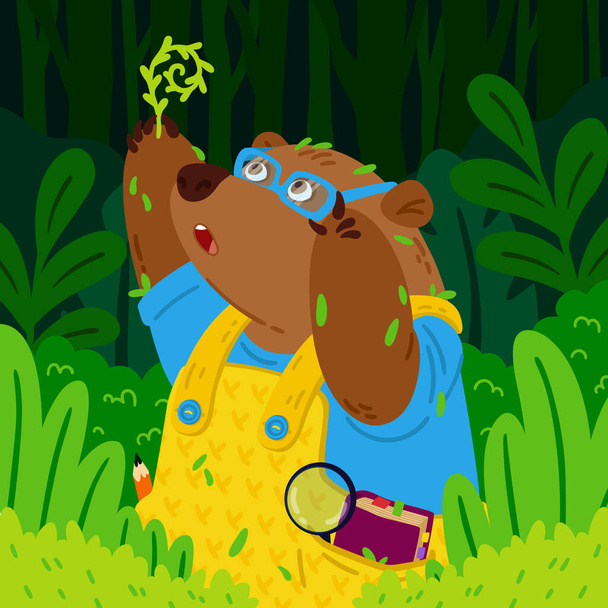 Cute bear botanist in glasses, explores new plants. Gardening grizzly. Animal in the forest. Vector children illustration for kids books and nursery poster. - Vektor, kép