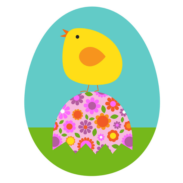 cute Easter chick sitting on floral Easter egg - Photo, Image