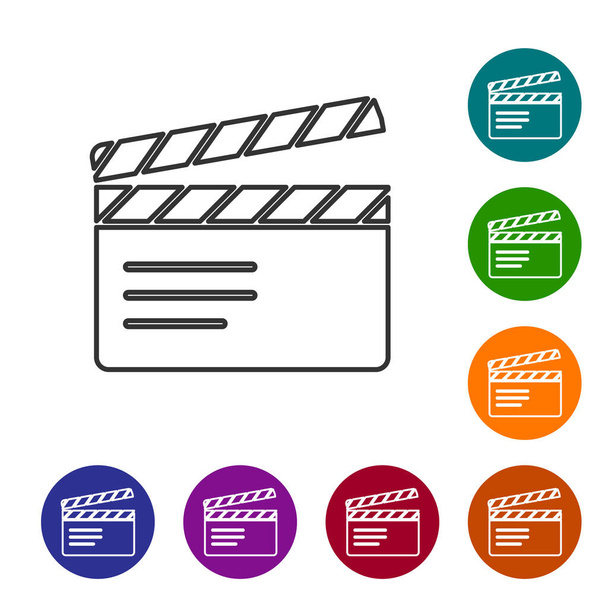 Black line Movie clapper icon isolated on white background. Film clapper board. Clapperboard sign. Cinema production or media industry. Set icons in color circle buttons. Vector. - Vector, Image