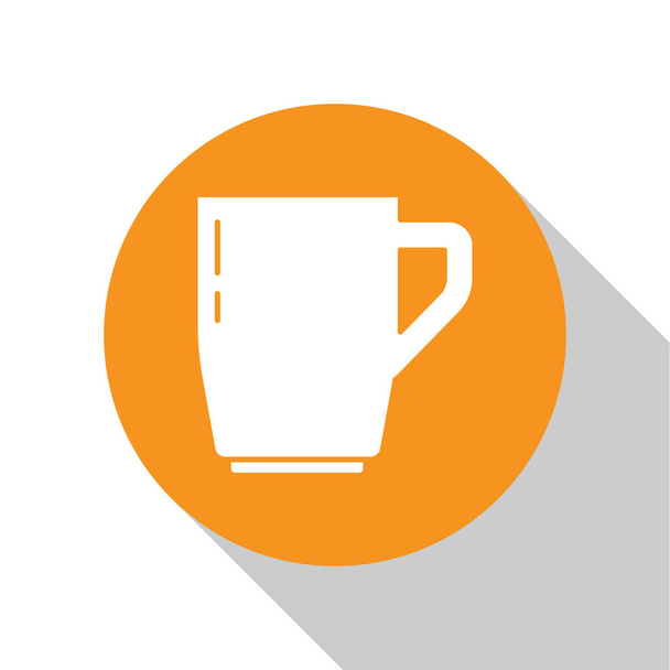 Bílý šálek kávy ikona izolované na bílém pozadí. Šálek čaje. Horké kafe. Oranžový knoflík. Vektor. - Vektor, obrázek