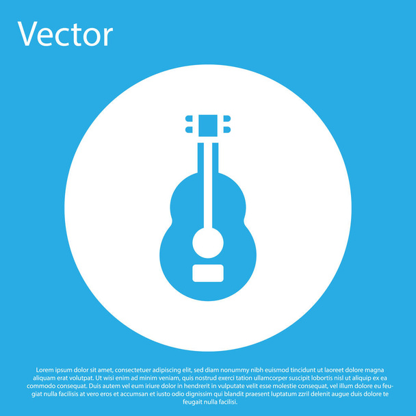 Modrá španělská ikona kytary izolované na modrém pozadí. Akustická kytara. Strunový hudební nástroj. Bílý knoflík. Vektor. - Vektor, obrázek