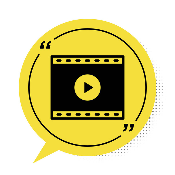 Černá Online přehrát video ikonu izolované na bílém pozadí. Filmový proužek s nápisem. Žlutý symbol bubliny řeči. Vektor. - Vektor, obrázek