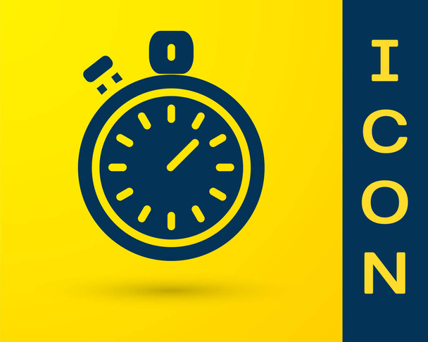 Icona del cronometro blu isolata su sfondo giallo. Un timer temporale. Segno cronometro. Vettore. - Vettoriali, immagini
