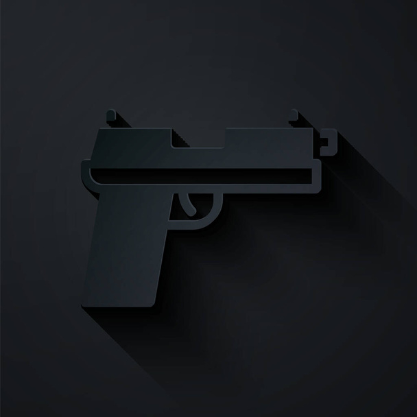 Paper cut Pistol or gun icon isolated on black background. Police or military handgun. Small firearm. Paper art style. Vector. - Вектор,изображение