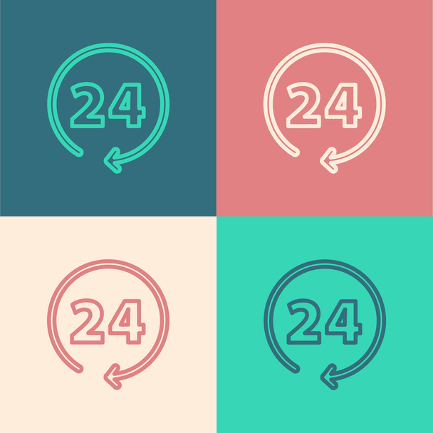 Pop art line Clock 24 hours icon isolated on color background. All day cyclic icon. 24 hours service symbol.  Vector. - Vector, Image