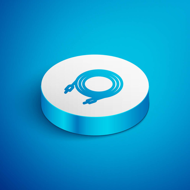 Isometric line Audio jack icon isolated on blue background. Audio cable for connection sound equipment. Plug wire. Musical instrument. White circle button. Vector. - Vector, Image