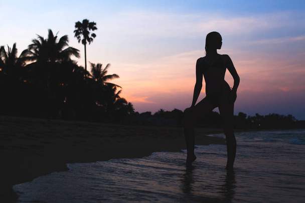 junge schöne schlanke Frau, die im Morgengrauen am Strand steht, Tropenurlaub, Palmkresse, Silhouette, sexy, sinnlich, Meereswellen, bunter Himmel - Foto, Bild