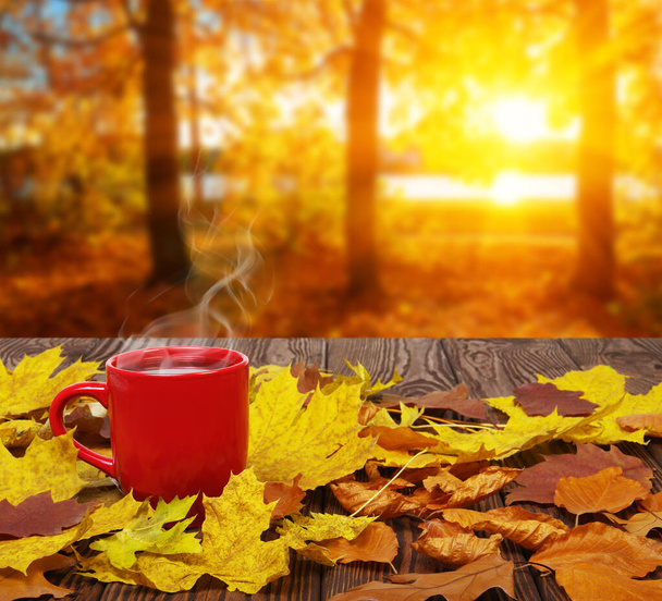 秋の葉やコーヒーの熱い蒸しカップ。太陽の光の背景に木製のテーブル。秋の時間概念. - 写真・画像