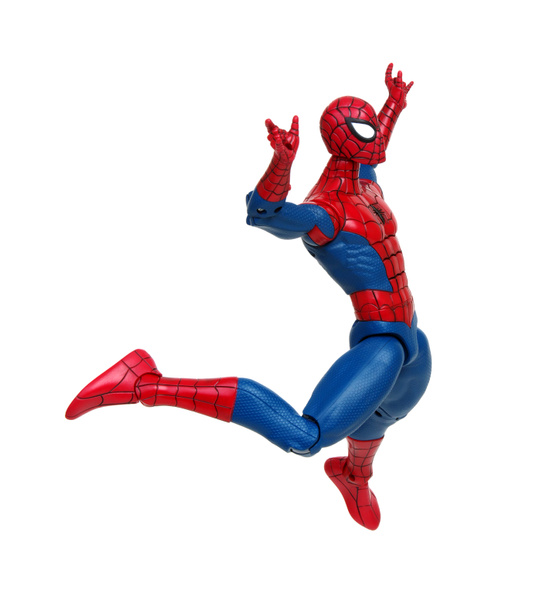 Winnica, Ukraina- 19 marca 2019: Zabawka Spidermana wydzielona na białym tle. Superbohater Marvel Comics. Studio Avengersów zastrzeliło. - Zdjęcie, obraz