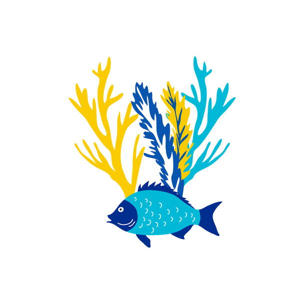 Little Fish Floating Among Sea Weeds Vector Illustration. Sea Animal and Wild Underwater Fauna Concept - Vecteur, image