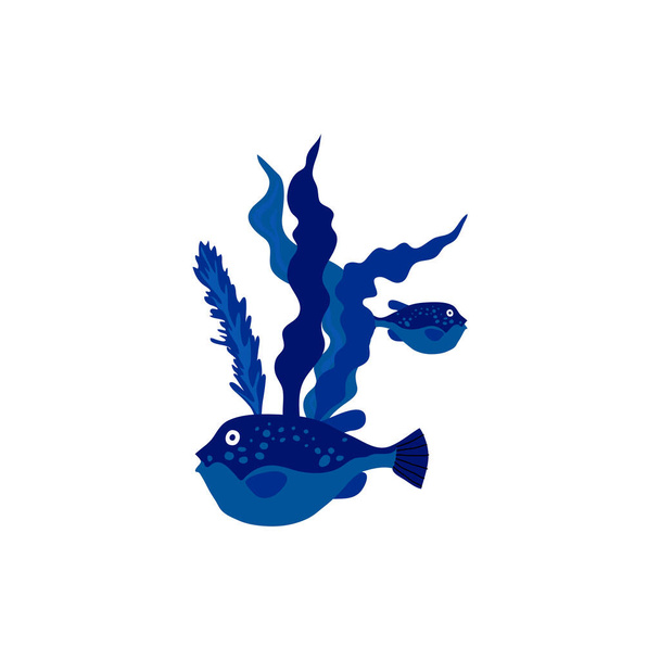Blue Fish Floating Among Sea Weeds Vector Illustration. Sea Animal and Wild Underwater Fauna Concept - Вектор, зображення