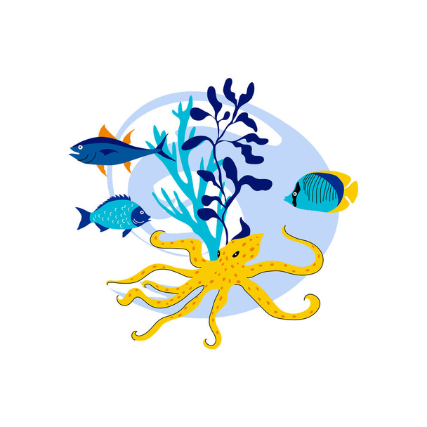 Yellow Octopus with Tentacles Floating Among Sea Weeds Vector Illustration. Sea Animal and Wild Underwater Fauna Concept - Vecteur, image