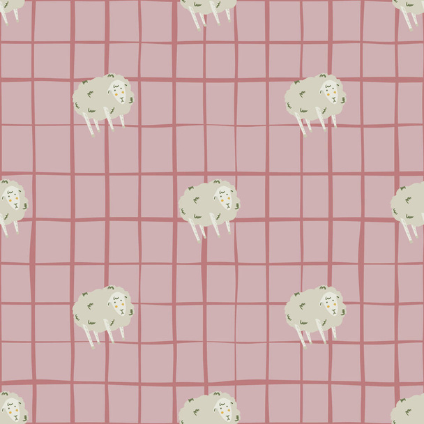 Fattoria modello animale senza soluzione di continuità con pecore elementi semplici. Rosa pallido sfondo a scacchi. Stilizzato villaggio stampa cartone animato. Ottimo per il design del tessuto, la stampa tessile, l'avvolgimento, la copertura. Illustrazione vettoriale. - Vettoriali, immagini