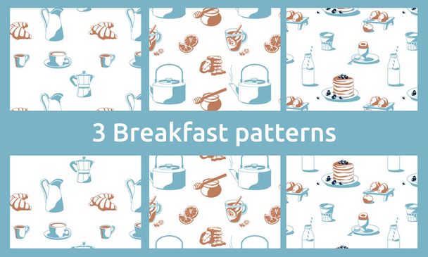 3 ontbijt patronen met koffie, thee, honing, croissants, pannenkoeken, melk citroen, koekjes, koekjes geïsoleerde witte achtergrond vector illustratie - Vector, afbeelding