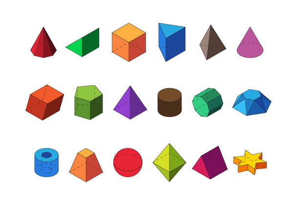 Shapes geometric isometric big set. Polyhedral diamond crystals cylinders star structure trendy spherical octahedrons pyramidal red polygons orange squares and rectangles triangles. Vector form. - Vetor, Imagem
