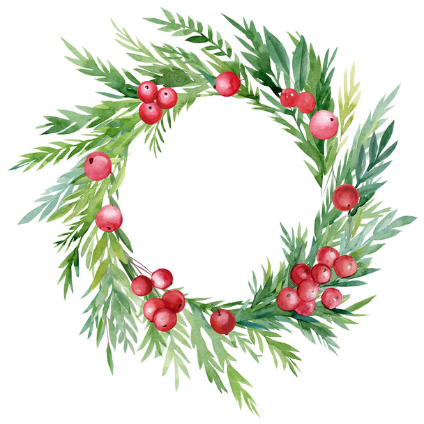 Świąteczny wieniec z liści, czerwonych jagód, ostrokrzewu na białym tle, rysunek akwareli - Zdjęcie, obraz