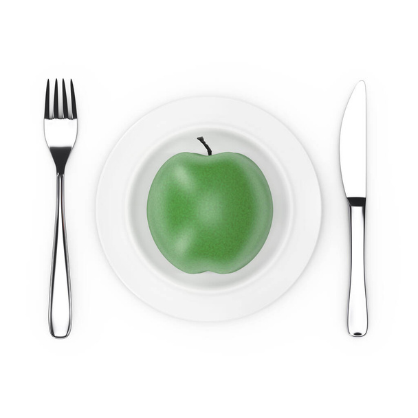 Tenedor y cuchillo cerca de la placa con manzana verde fresca, vista superior sobre un fondo blanco. Renderizado 3d - Foto, Imagen