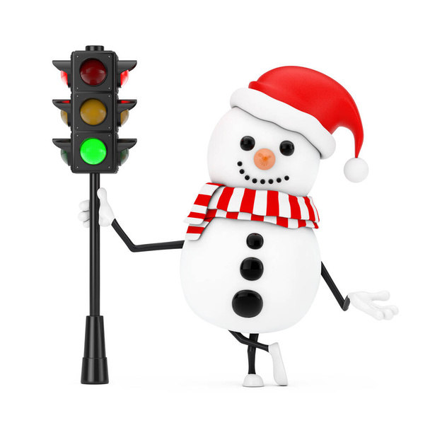 Sněhulák v Santa Claus Klobouk Charakter maskot s Dopravní zelená světla na bílém pozadí. 3D vykreslování - Fotografie, Obrázek