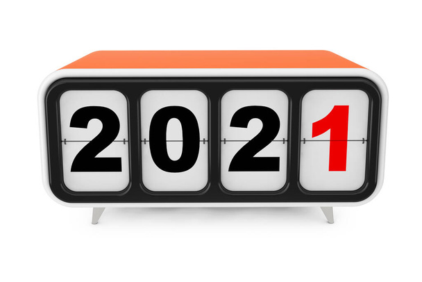 Retro Flip Clock s 2021 Nový rok Přihlásit se na bílém pozadí. 3D vykreslování - Fotografie, Obrázek