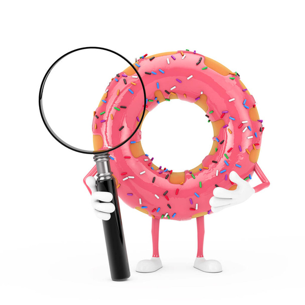 白を基調とした大きめのストロベリーピンクのグラスドーナツキャラクターマスコット。3Dレンダリング - 写真・画像