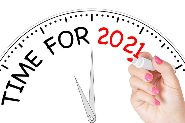 Woman Hand Writing Time For 2021 Message with Red Marker on Transparent Wipe Board on a white background. 3d Rendering - Photo, Image