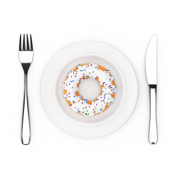 Vork en mes in de buurt van Bord met Big White Chocolade Geglazuurde Donut met kleur Sprinkles, Top View op een witte achtergrond. 3d Rendering - Foto, afbeelding