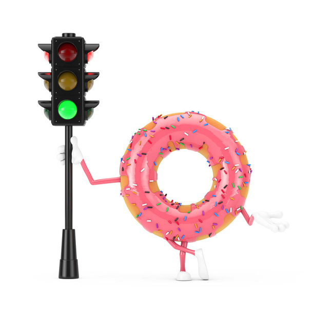 Gran fresa rosa acristalada Donut carácter mascota con semáforo verde sobre un fondo blanco. Renderizado 3d - Foto, Imagen