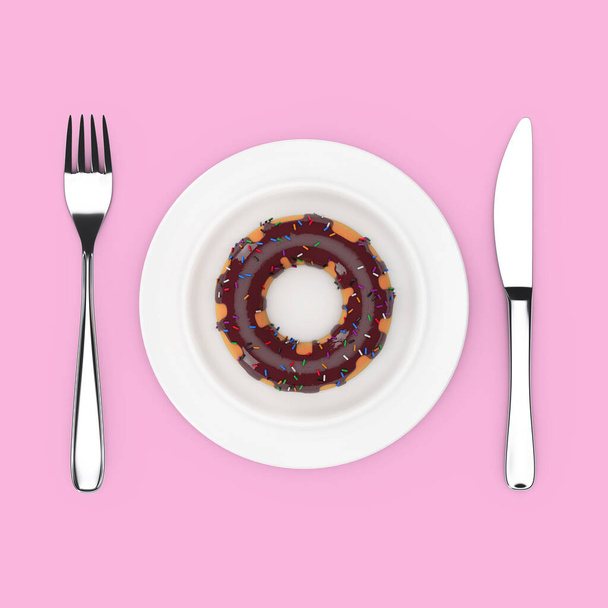 Widelec i nóż w pobliżu płyty z Big Chocolate Glazed Donut z posypką kolorów, Top View na różowym tle. 3d Renderowanie - Zdjęcie, obraz